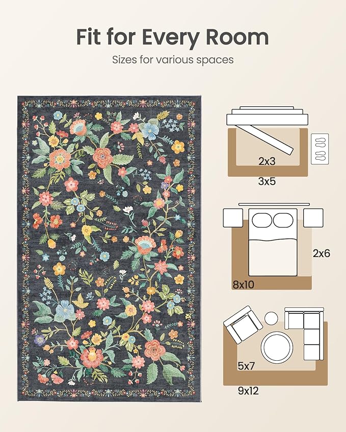 Amada 2x6 Washable Runner Rug, Non-Slip & Low-Profile Kitchen Area Rug with Durable Edge Binding, Boho Floral Pattern, Soft Long Entryway Runner Rugs for Bedroom & Hallway