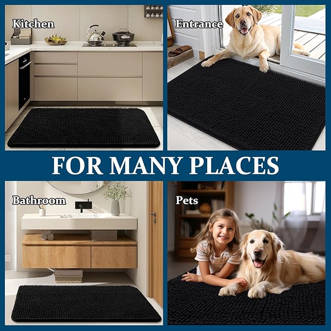 OLANLY Dog Door Mat for Muddy Paws 47x24, Absorbs Moisture and Dirt, Absorbent Non-Slip Washable Doormat, Quick Dry Chenille Mud Mat for Dogs, Entry Indoor Entryway Carpet for Inside Floor, Black