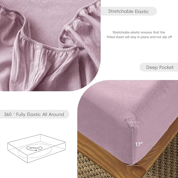 MooMee Fitted Bottom Sheet Only 100% Washed Cotton Linen Like Textured Breathable Durable Soft Comfy Deep Pocket Fits Mattress up to 17" (Light Purple, Twin)