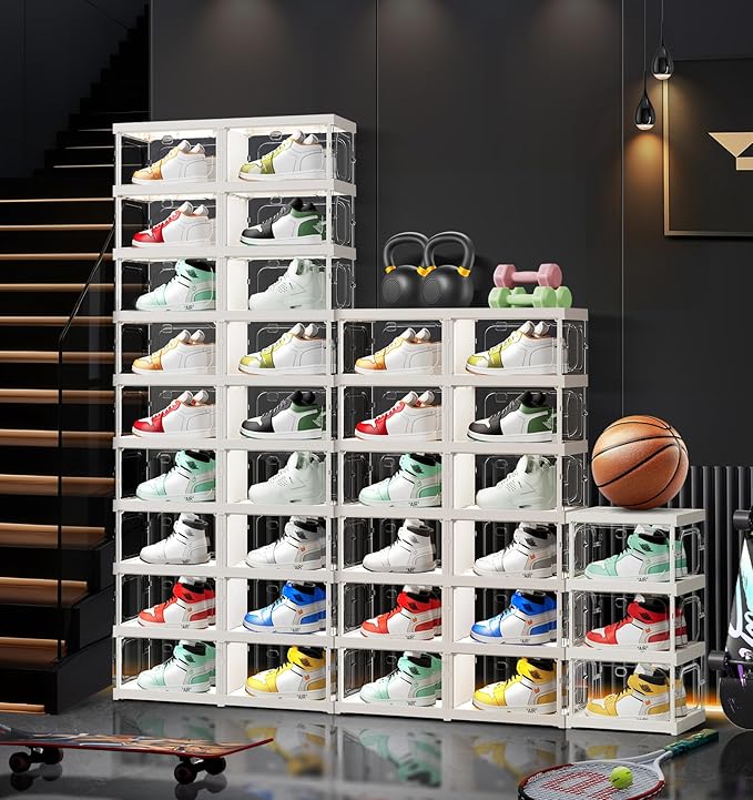 9-Tier 18-Pairs Foldable Shoe Rack with Magnetic Doors,4-Sided Clear Design,Taller Storage for High Shoes & Sneakers,Stackable Shoe Storage Cabinet Space-Saving Organizer for Closet,Cloakroom