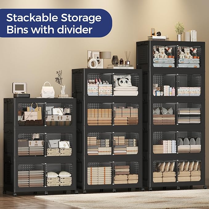 200GAL Storage Bins with Lid and Wheels, Stackable Closet Organizers and Storage Drawer, Collapsible Storage Box with Dividers, Foldable Plastic Cabinets for Room, Kitchen, 5 Pack Black