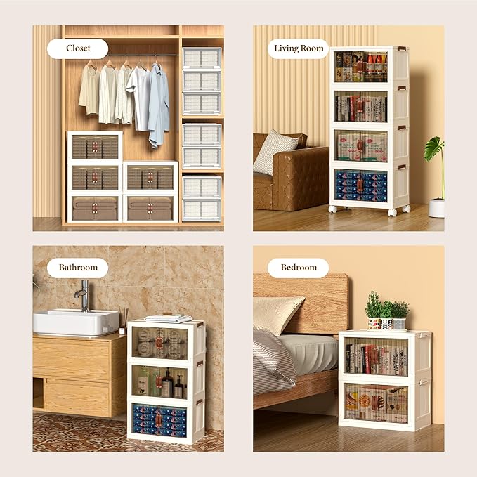 130 QT Large Plastic Storage Bins with Lids Open Front, Stackable Storage Containers with Wheels for Clothes, Home, Room, White, 3 Tiers