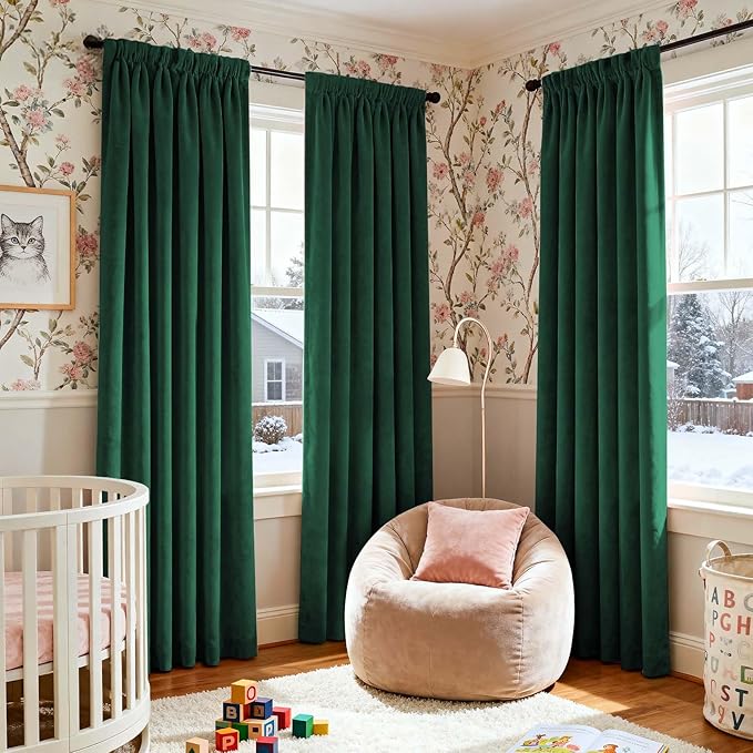 Lazzzy Velvet Blackout Curtains Thermal Insulated Room Window Drapes Super Soft Luxury Curtains for Living Room Bedroom Rod Pocket 2 Panels, Emerald Green, 52" W x 90" L
