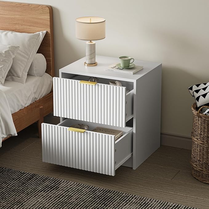 3-Piece Dresser Bedroom Set, 7 Drawer Dresser & 2 Drawer Nightstands with Gold Handles, Fluted Wood Chest of Drawers for Bedroom, Living Room, Entryway, White