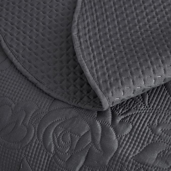 CHIXIN Oversized Bedspread Coverlet Set King Size - Lightweight Bedding Cover - Ultrasonic Quilting - 5 Piece Reversible Bedspread - Vintage Rose Pattern (King, Dark Grey)