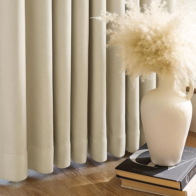 jinchan Chenille Blackout Curtains 96 Inches Long Beige Thermal Insulated Curtains for Living Room Bedroom 2 Panels Triple-Weave Noise Reducing Drapes Back Tab Full Privacy Window Curtains 50x96 Inch