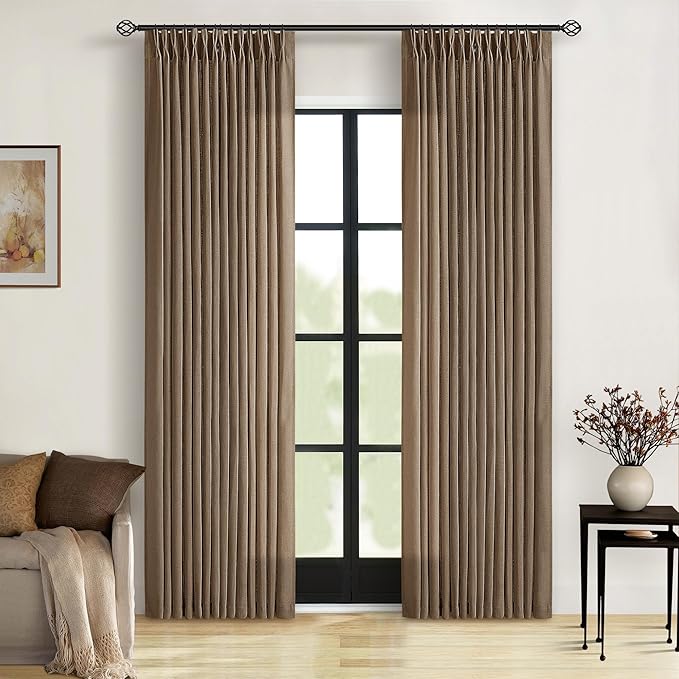 Brown 80 Inch Pinch Pleated Linen Curtains 2 Panels Set for Living Room Bedroom Boho Farmhouse Light Filtering Semi Sheer Back Tab Pinch Pleat Hooks Rings Window Curtain 80 Inches Long Dutch Cocoa