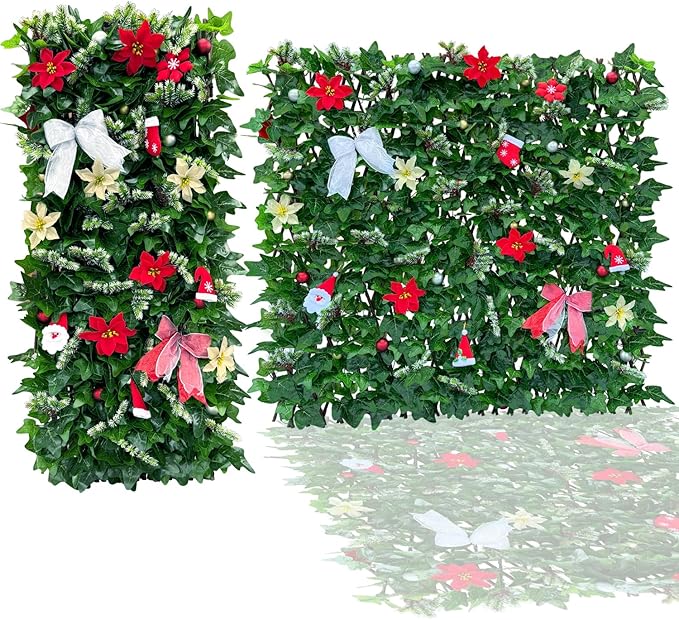 Sumery Expandable Fence Privacy Screen for Balcony Patio Outdoor,Decorative Faux Ivy Fencing Panel,Artificial Hedges (Single Sided Leaves) (2, Christmas-Ivy)