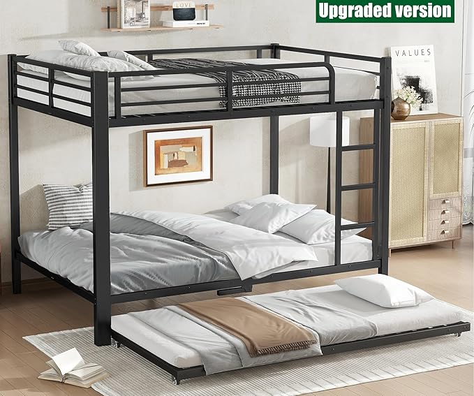 Higher Quality & Stronger Metal Bunk Bed Full Over Full Size Bunkbed Frame, Thickened Heavy Duty More Stable Steel Bunk Bed with Twin Size Trundle (Full)
