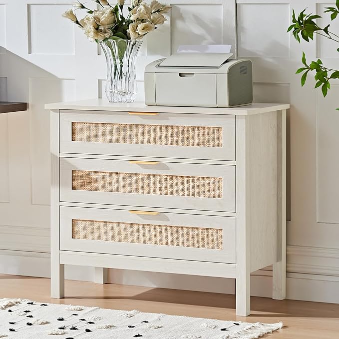 LEYAOYAO 31.5" Wide Rattan Night Stand, Large Boho Nightstand, Bedside Table with Storage, Tall Bed Side End Tables, Chest of Drawers for Bedroom, Living Room, Hallway(Grey,3 Drawers,2)