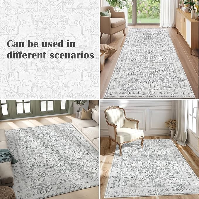 jinchan Lima Kitchen Runner Rug 3x10 - Vintage Floral Machine Washable Non-Slip Hallway Runner Rug with Rubber Backing Ultra-Thin Carpet for Bedroom Laundry Room Farmhouse (3x10ft, Grey)