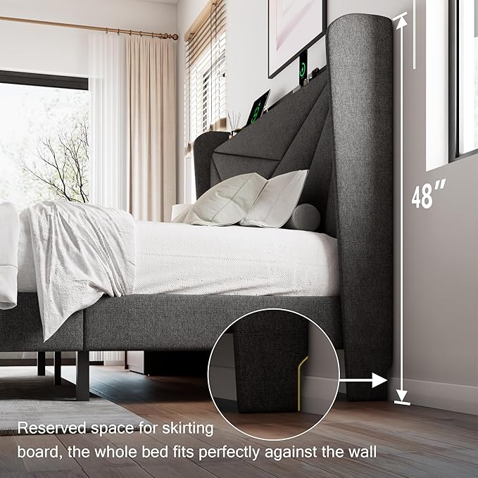 Queen Size Upholstered Bed Frame with Charging Station, Platform Bed Frame with Storage Headboard, Solid Wood Slats Support, No Box Spring Needed, Dark Gray