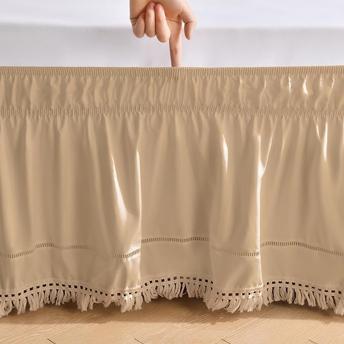 MIYE Wrap Around Ruffled Lace Bed Skirt, Elastic Dust Ruffle with Adjustable Belts, Easy to Put On, Bed Frame Cover, Machine Washable (Tassel Ruffle/Beige, King/Queen-12.5" Drop)