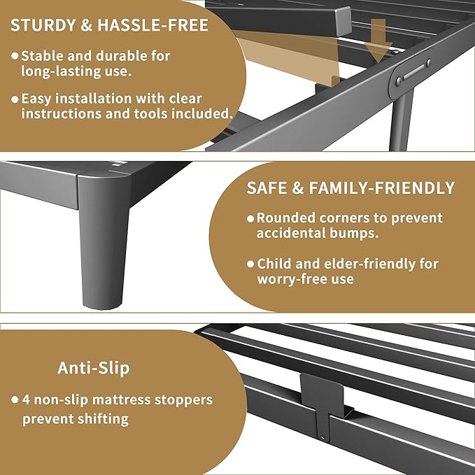 ITIMIDI 4 Inch Twin Bed Frame, Easy Assembly, Platform Bed Frames with Metal Gaskets, Round Corner Leg, No Box Spring Needed, Heavy Duty Steel Slat Support, Anti-Slip Mattress Stopper, Black