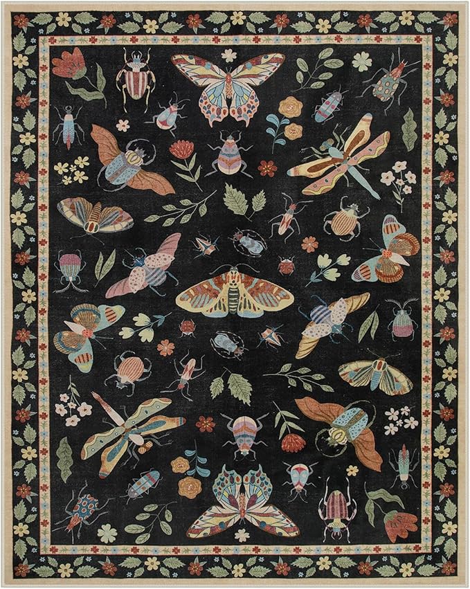 Lahome Insect Area Rugs 8x10, Non Slip Washable Rugs for Living Room 8x10 Rug, Soft Modern Bedroom Rug Under Bed Ultra-Thin Large Carpet for Dining Room Office Playroom, Black