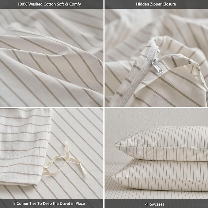 MooMee Striped Duvet Cover Set 100% Washed Cotton Linen Like Textured Breathable Durable Soft Comfy (White Tannish Linen Grey Wide Stripes, Palatial King/Oversized King 120"x98")