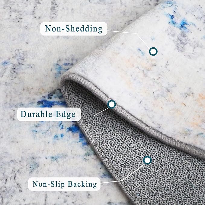 5x7 Area Rugs - Ultra-Thin Washable Rug with Non-Slip Backing, Ideal for Living Room, Bedroom, Kitchen Floor Carpet - Modern Abstract Style, Easy Clean, Durable, Blue Ivory Yellow