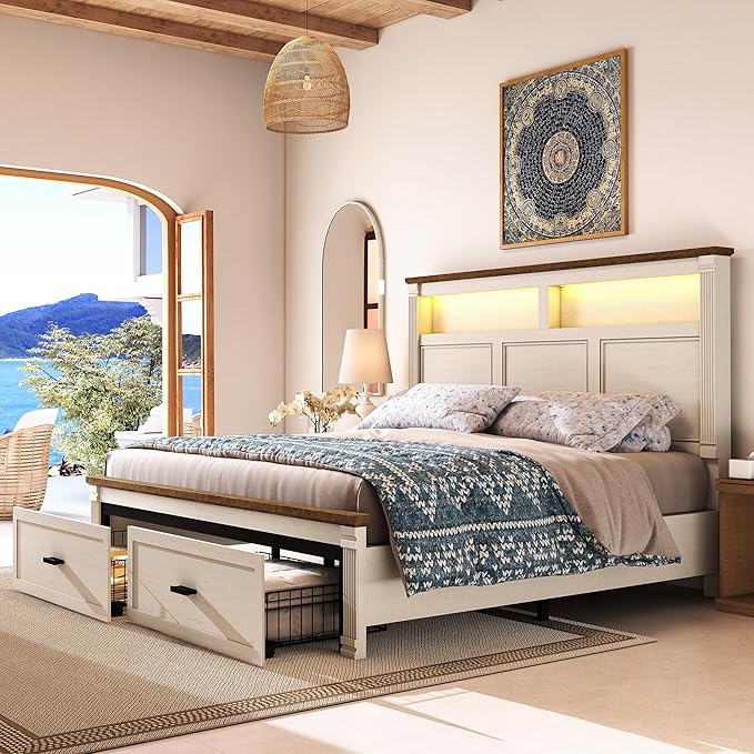 King Size Bed Frame with 53" Tall Headboard, Farmhouse Platform Bed Frame with Roman Column Decoration Footboard & 2 Storage Drawers, LED Built in Charging Station, No Box Spring Needed(Rust White)