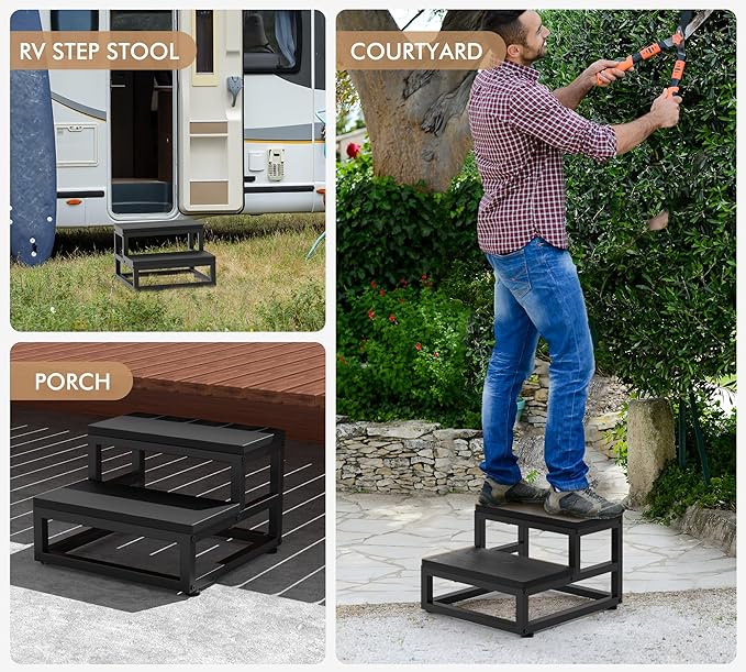 Two-Step Stool for Adults & Kids, Waterproof HDPE Bed Step with Adjustable Non-Slip Feet, Sturdy Metal Frame for Kitchen, Bathroom, Bedroom, RV & Outdoor Use, Black