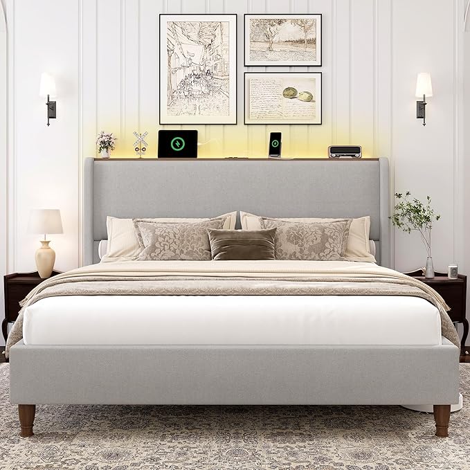 LARMACE King Size Bed Frame with LED Lights and Charging Station Linen Upholstered Platform Bed Frame with 51.2" Tall Wingback Headboard and Storage Shelf, No Box Spring Needed, Easy Assembly, Grey