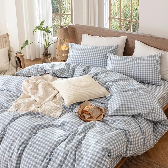 MooMee Gingham Duvet Cover Set 100% Washed Cotton Linen Like Textured Breathable Durable Soft Comfy Modern Checkered Design (Classic Gingham Cornflower Blue, Super King 108"x98")