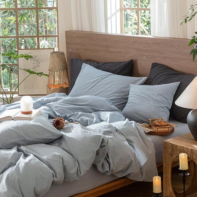 MooMee Wavy Striped Duvet Cover Set 100% Washed Cotton Linen Like Textured Breathable Durable Soft Comfy (Cornflower Blue, Cal King 104"x98")