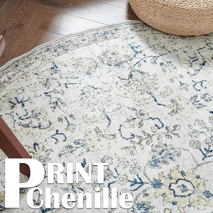 jinchan Kalen Round Rug 5ft Area Rug Washable Vintage Indoor Retro Accent Entryway Floor Cover Distressed Floral 5' Round Circle Boho Non Slip Thin Carpet for Bedroom Living Room Dining Room Blue