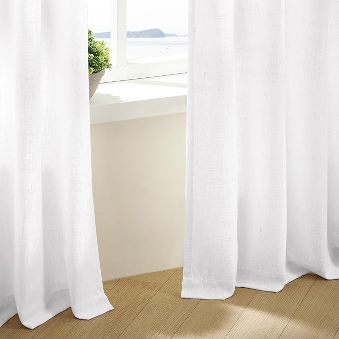 Pinch Pleated Linen Curtains 108 Inches Long 2 Panels Set for Living Room Bedroom Farmhouse Snow White Cotton Linen Blend Back Tab Pinch Pleat Drapes Ceiling Floor Extra Long Window Curtains 9 Ft