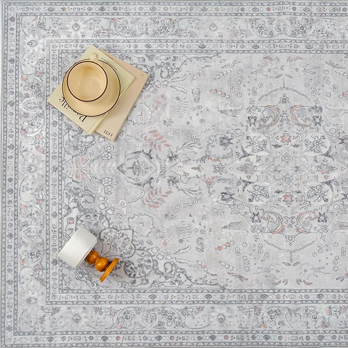 Grey 5x7 Area Rug Washable Vintage Carpet for Living Room Office Soft Retro Floral Low Pile Thin Indoor Rug Non Slip Central Medallion Floor Cover for Bedroom Dining Room