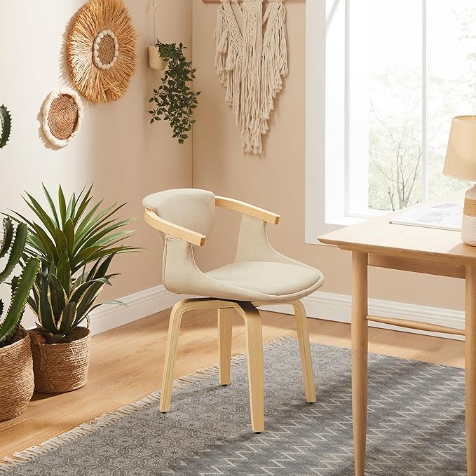Art Leon Swivel Dining Chairs - Mid Century Modern Fabric Upholstered Kitchen Dining Room Chair with Arms, Desk Chairs No Wheels, Set of 2, Off White