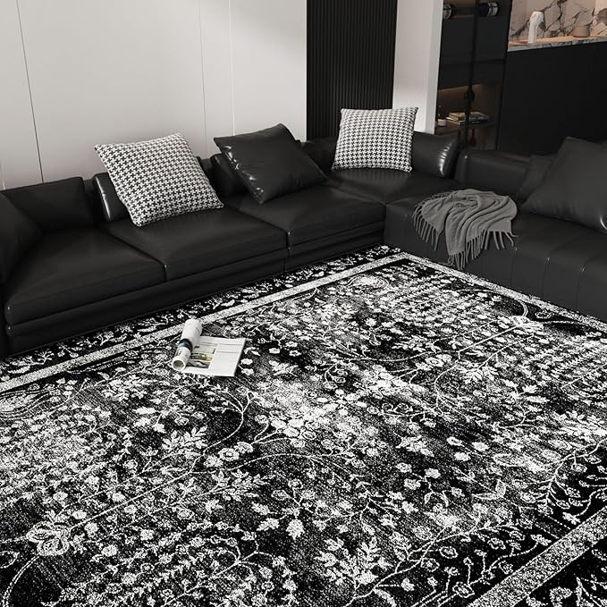 Area Rugs 5x7, Machine Washable Vintage Black Rugs for Living Room Large Carpets Indoor Floor Non Slip Distressed Rug Soft Area Rug for Bedroom Dining Room Home Office | Black