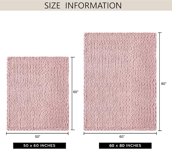 Chunky Knit Throw Blanket 50"X 60", 100% Handmade with Soft Chenille Yarn, 4.4lbs Thick Cable Knitted Blankets, Large Rope Knot Crochet Throws for Couch Sofa Bed Home Decor, Dusty Pink