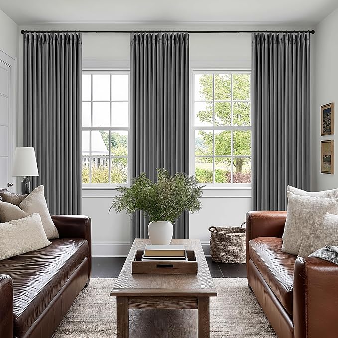 Dark Gray Linen Blackout Pleated 105 Inch Curtains for Living Room Darkening Pinch Pleat 100% Black Out Drapes Thermal Insulated Soundproof Charcoal Grey 105 Inch Curtain for Dining Bedroom