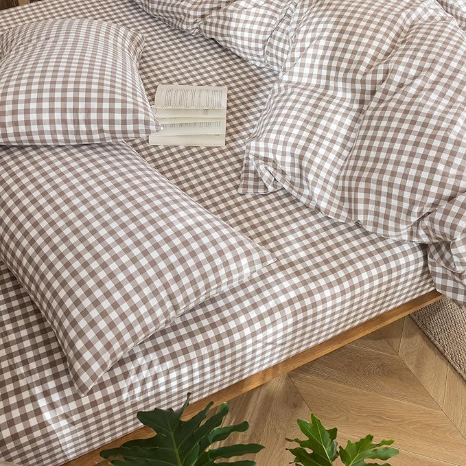 MooMee Gingham Duvet Cover Set 100% Washed Cotton Linen Like Textured Breathable Durable Soft Comfy Modern Checkered Design (Brown Gingham, Super Queen 90"x98")