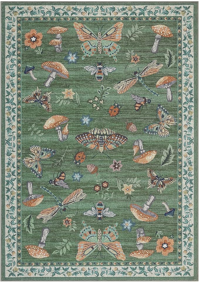 Mushroom Insect Area Rug 4x6 Green