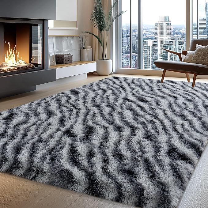 8x10 Large Area Rugs for Living Room, Soft Black White Zebra Big Shag Rug for Bedroom Nursery Kids Room Dorm, Non-Slip Modern Fluffy Plush Carpet for Home Decor
