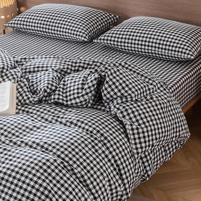 MooMee Gingham Duvet Cover Set 100% Washed Cotton Linen Like Textured Breathable Durable Soft Comfy Modern Checkered Design (Black White Gingham, Palatial King/Oversized King 120"x98")