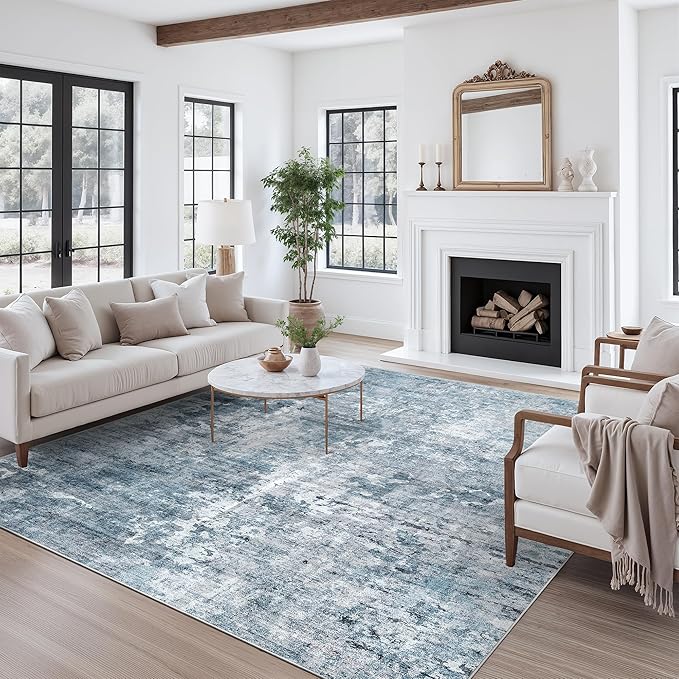 9x12 Area Rugs for Living Room, Abstract Non Slip Machine Washable Vintage Rugs, Low Pile Lightweight Large Rug for Bedroom, Dining Room, Home Office Blue
