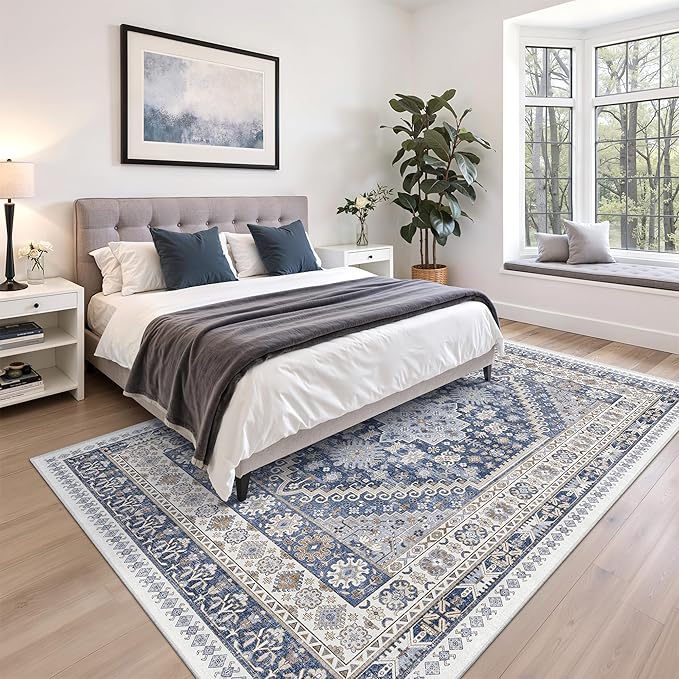 zesthome 5x8 Area Rugs - Ultra-Thin Washble Rug, Stain Resistant Anti Slip Backing Rugs for Living Room,Bedroom, Vintage Home Decor Area Rug (Blue/Beige,5'x8')