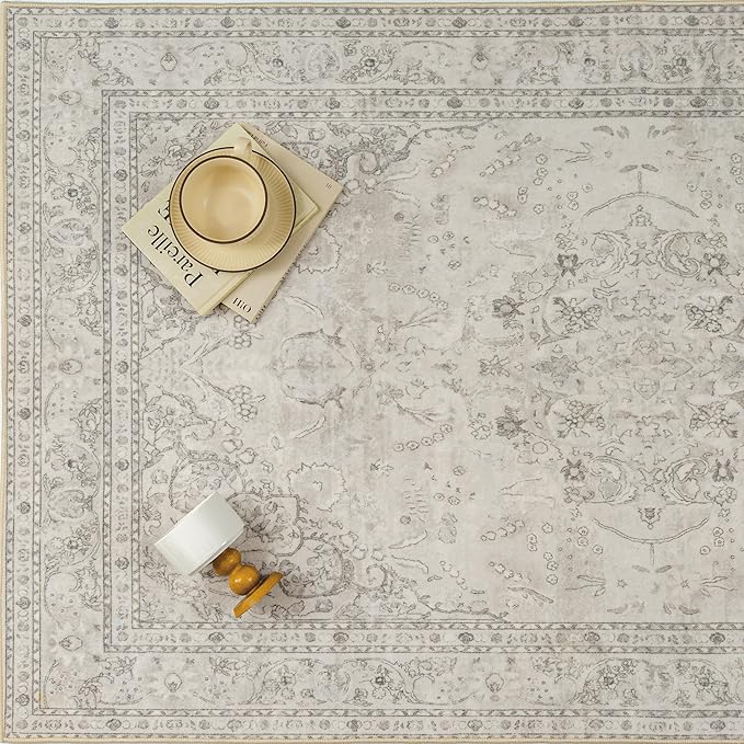 Beige 3x5 Area Rug Washable Vintage Carpet for Entryway Office Soft Retro Floral Kitchen Low Pile Thin Door Mat Non Slip Central Medallion Throw Rug for Bathroom Bedroom Dining Living Room