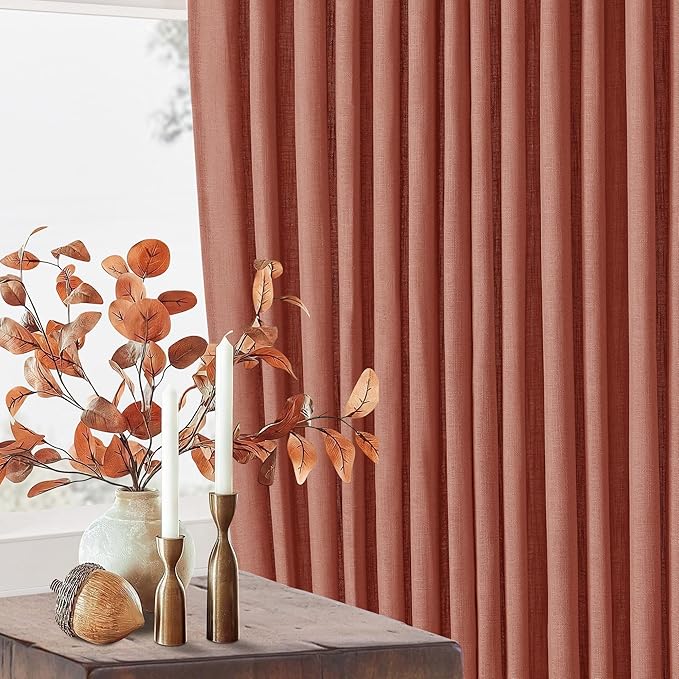 Red Clay Linen Pinch Pleated Curtains 108 Inches Long 2 Panels for Living Room Bedroom Light Filtering Drapes 108 Inch Length Terracotta Autumn Fall Semi Sheer Memory Trained Ceiling Floor Curtain