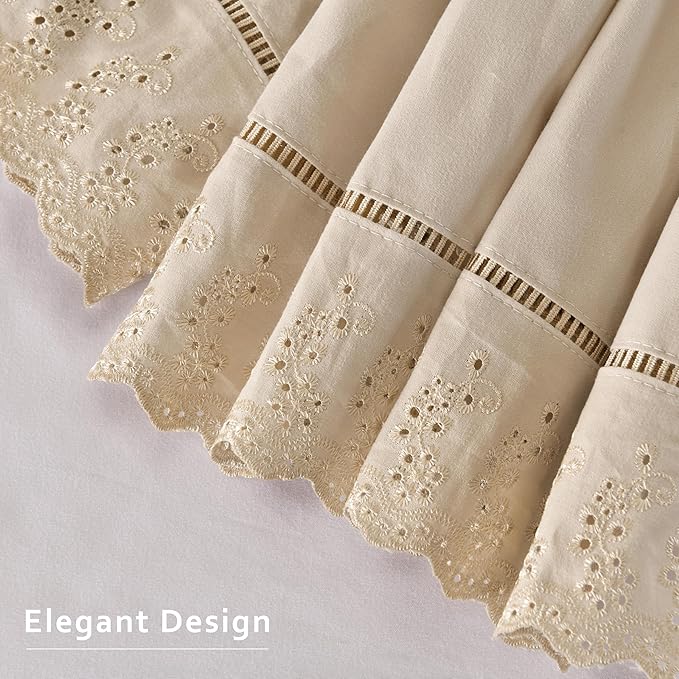 MIYE Wrap Around Ruffled Lace Bed Skirt, Elastic Dust Ruffle with Adjustable Belts, Easy to Put On, Bed Frame Cover, Machine Washable (Embroidered/Beige, King/Queen-12.5" Drop)