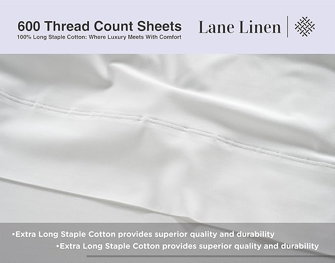 LANE LINEN Queen Sheet Set - 600 Thread Count Premium Soft Long Staple 100% Cotton Sheets, Hotel Luxury Sateen Silky Finish, Snug Fit 15" Deep Pocket, Low Pill, Machine Washable - White Sheets