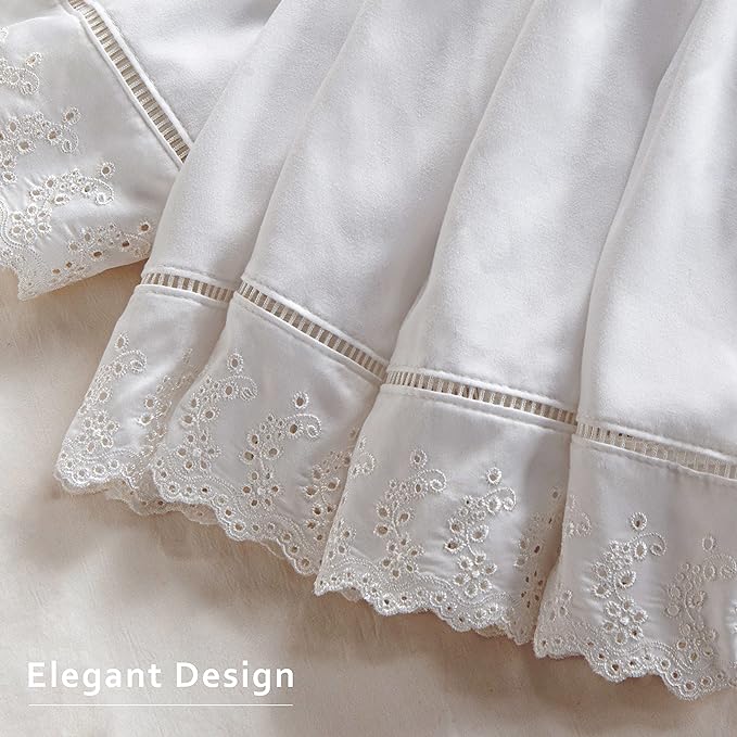 MIYE Wrap Around Ruffled Lace Bed Skirt, Elastic Dust Ruffle with Adjustable Belts,15 Inch Drop Easy to Put On, Bed Frame Cover, Machine Washable (Embroidered, King/Queen-15)