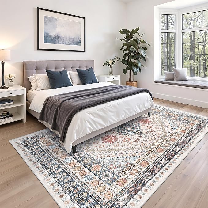 zesthome 7x9 Area Rugs for Living Room,Non-Slip Backing Washable Rugs,Vintage Large Area Rug,Stain Resistant Home Decor Rug (Multi,7'x9')