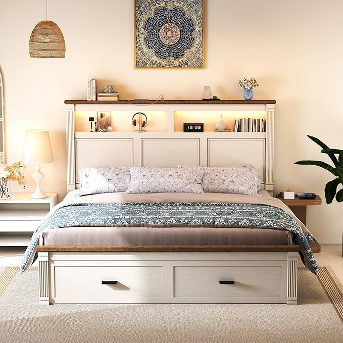 Queen Size Bed Frame with 53" Tall Headboard, Farmhouse Platform Bed Frame with Roman Column Decoration Footboard & 2 Storage Drawers, LED Built in Charging Station, No Box Spring Needed(Rust White)