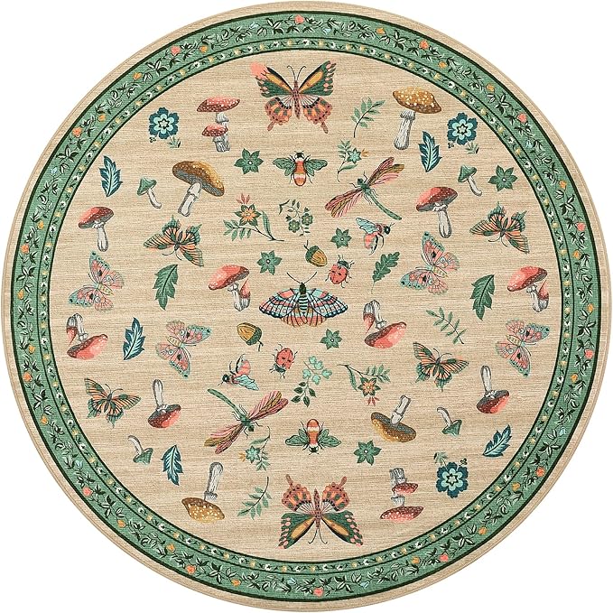 Mushroom Insect 4ft Round Rug Washable Non-Slip Soft Ultra-Thin Small Boho Circle Carpet for Entryway Kitchen Bedroom Nursery Dining Room Khaki Green