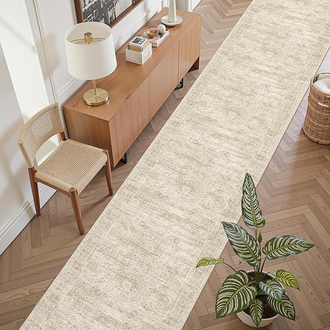 Runner Rug 2'6" x 14' Washable Non-Slip Runner Rugs for Kitchen Bathroom Laundry Room Vintage Ultra Thin Runners for Hallway Entryway Beige