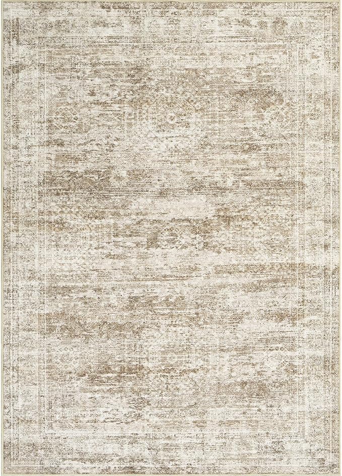 5x7 Area Rugs Brown Low Pile Indoor Washable Trendy Faded Style Rugs for Bedroom Living Room Dining Room Foldable Non-Slip Thin Print Mat