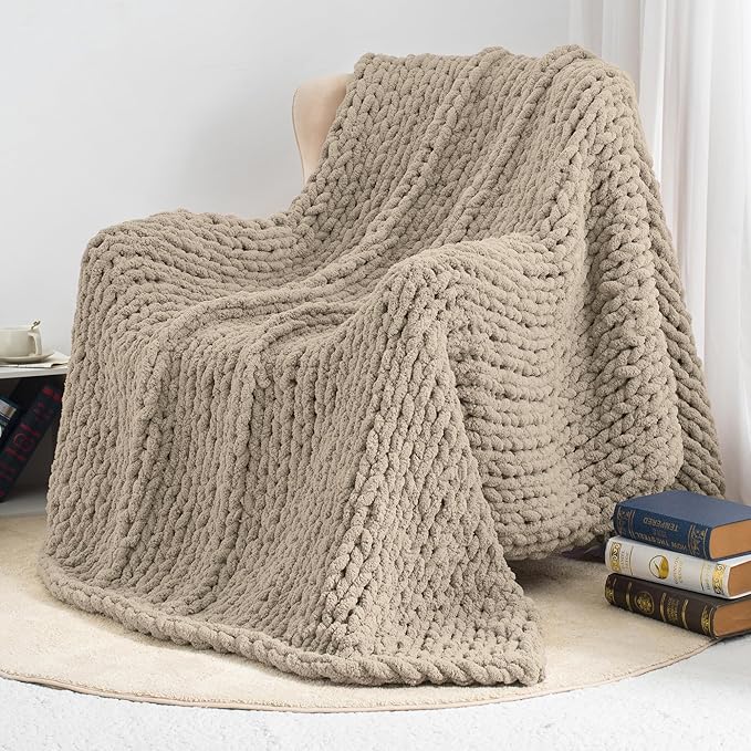 Chunky Knit Throw Blanket 60"X 80", 100% Handmade with Soft Chenille Yarn, 6.7lbs Thick Cable Knitted Blankets, Large Rope Knot Crochet Throws for Couch Sofa Bed Home Decor, Taupe